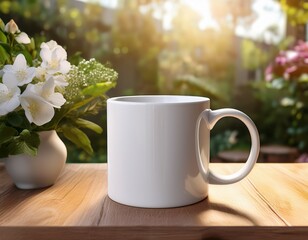 white mug mockup on wooden table with soft morning light and flowers