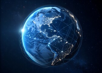 Fototapeta premium Illuminated earth globe showcasing the interconnected global network of data transfer communication and worldwide technological advancement in the cosmos