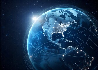 Beautiful illustration of planet earth with connecting lines showcasing global network technology and data transfer against starry backdrop
