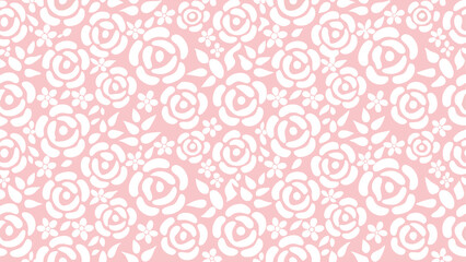 Aesthetic light pink background featuring a pattern of white roses and small floral elements design