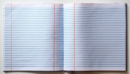 a sheet of lined notebook paper folded into quarters featuring blue horizontal lines and a red vertical margin line on white background