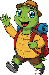 Cartoon turtle hiking with backpack, wearing hat and sneakers, waving happily, outdoor adventure character, nature travel illustration, fun, educational