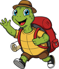 Cartoon turtle hiking with backpack, wearing hat and sneakers, waving hand, outdoor adventure character, nature travel illustration, fun, educational, animated