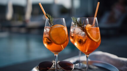 Refreshing Orange Cocktails Garnished with Rosemary and Served in Elegant Wine Glasses on a Table.