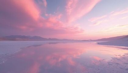 Fototapeta premium Pink and purple sunset sky reflected on salt flat water surface. Soft clouds drift across horizon above distant mountains. Tranquil natural landscape conveys serene beauty and peaceful atmosphere.