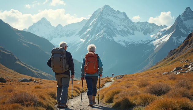 Elderly couple hikes through a mountain landscape with backpacks and walking sticks. Companionship and nature are enjoyed on a path towards snow-capped peaks under a clear blue sky.