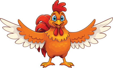 Colorful cartoon rooster with wings spread, cheerful farm animal, vibrant illustration, playful character, children's book, educational, animated, bright, fun