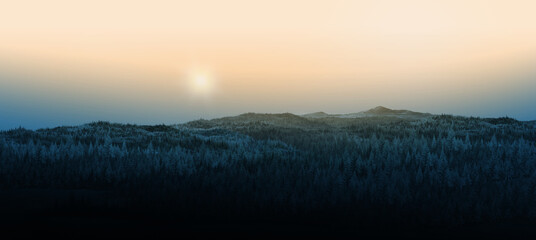 sunrise in the mountains/Sunrise over mountain hills with evergreen conifer trees and forest silhouette on the horizon.