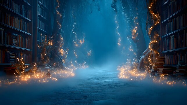 Magical winter library pathway with twinkling lights. - Powered by Adobe
