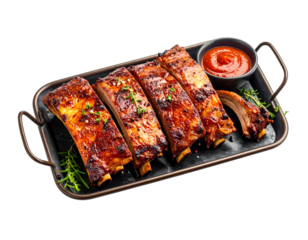  Grilled Pork Spare Ribs on Oven Tray with Fork and BBQ Sauce, Side Angle