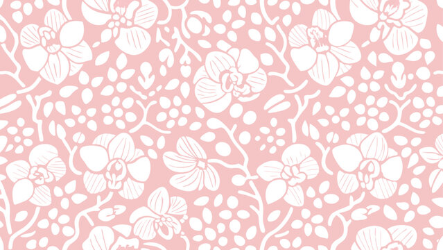 Delicate floral pattern with white orchids and small leaves on a light pink background creating a seamless design
