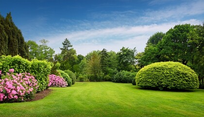 Fototapeta premium isolated lush garden landscape with green trees and flowering bushes