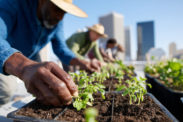 Urban gardening workshop on a rooftop, people planting seedlings in raised beds, city skyline view