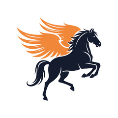 Fototapeta premium A black horse with orange wings is depicted in a stylized illustration.