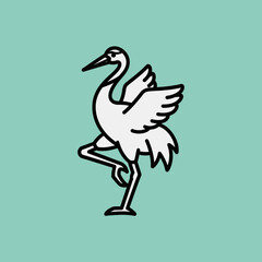 Fototapeta premium A white crane stands on one leg with wings outstretched a line drawing.