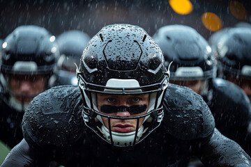 Players line up at the line of scrimmage as a rainstorm pours down. The intense atmosphere is highlighted by bright stadium lights cutting through the heavy rain