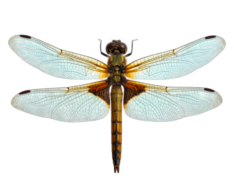 Highly Detailed Dragonfly with Transparent Wings Spread, Side View, Isolated.