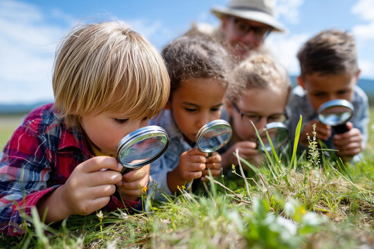 Kids learning about insects with magnifying glasses in a meadow, teacher guiding them, bright summer day, 
