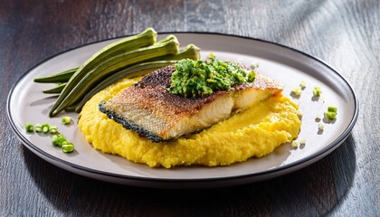 barbadian flying fish with cou cou cornmeal and okra mash