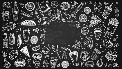 Food and drinks doodle icon set on a chalkboard background. Menu template for a restaurant, cafe, or bar.