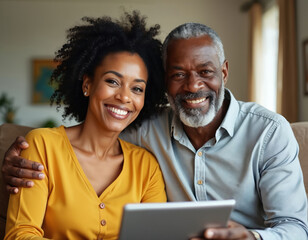 Happy senior African American couple smiles during at-home telemedicine consultation. Woman in yellow top, man with grey beard in blue shirt. Connected, joyful, positive interaction via tablet.