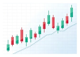 Visual representation of the stock market uptrend showcased through candlestick chart data and trend analysis on a light blue background.