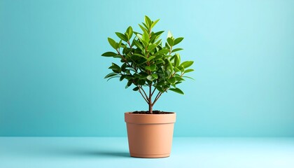 Fototapeta premium Small plant in terracotta pot against light blue backdrop