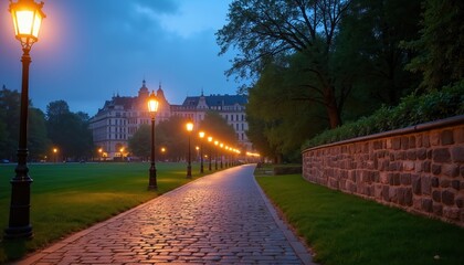 Cobblestone pathway illuminated by vintage lampposts during twilight. Large building, manicured green lawn border scenic park. Mature trees line serene, quiet promenade, offering peaceful urban