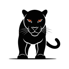Obraz premium A black panther illustration stands facing forward with orange eyes and a curled tail.