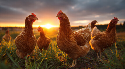 Farm chickens on lush grass under dramatic sunset sky, peaceful countryside life, golden hour light