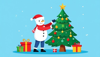 Snowman decorating Christmas tree