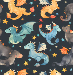 Fototapeta premium Cute Cartoon Dragon Pattern – Baby Boy Birthday Card, Nursery Decor, and Product Packaging Background