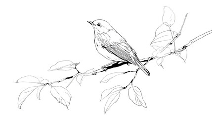 One-line drawing style, simple clean line art of a bird on a branch with leaves