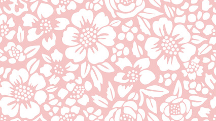 Obraz premium Floral pattern with white flowers and leaves on a light pink background creating a seamless design