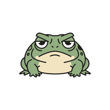 Cartoon frog with a grumpy expression sitting still looking forward.