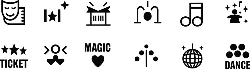 Entertainment icon set, theater music dance magic, performer circus ticket vector, performing arts clipart, event symbol graphics, show design