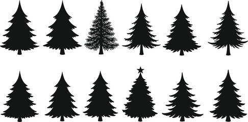 Obraz premium Set of twelve Christmas tree silhouette designs with natural pine shapes and star decoration, festive holiday black vector illustration for seasonal art