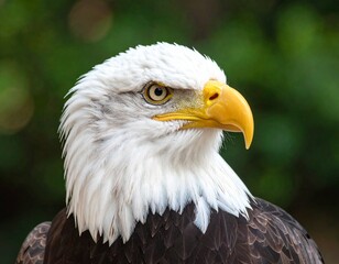 Fototapeta premium American Eagle and the Stars A majestic bald eagle the symbol of freedom and strength gazes with unwavering focus against a backdrop of the American flag. A national icon this bird