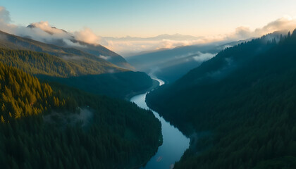 Fototapeta premium Misty Mountain River Valley at Sunrise