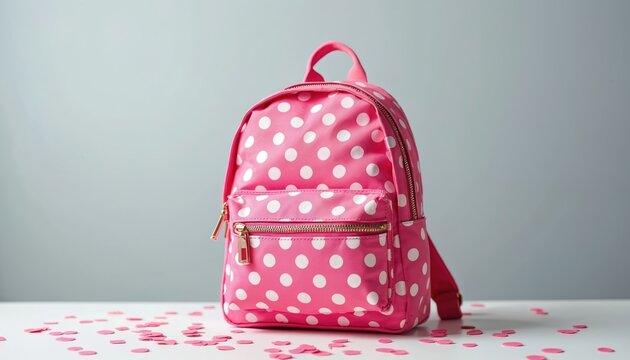 Bright pink backpack with white polka dots. Adorable mini bag perfect for toddlers, preschoolers, elementary students. Stylish, whimsical design makes charming back-to-school accessory for young - Powered by Adobe