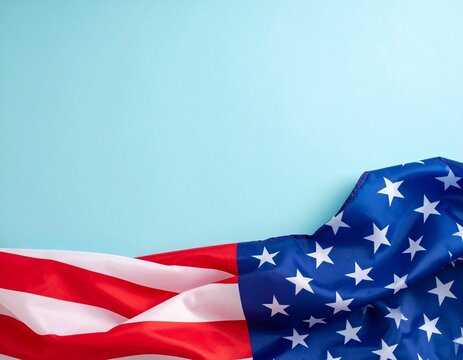 Bald eagle standing against United States of America USA flag background for 4th of July. Patriotic bird with american banner backdrop for independence day holiday.