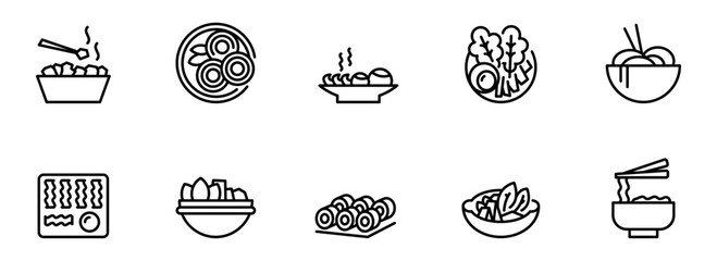Asian Cuisine Food Icons: Simple Line Art Graphics for Restaurant Menus, Websites, and Mobile Apps;  Clean, Minimalist Style; Appealing and Modern Design.