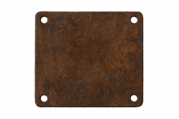 Close-up of a weathered, square metal plate with four circular holes, showcasing a textured, rusty surface.