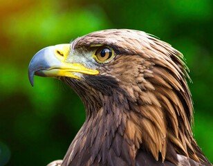 Fototapeta premium Portrait of a Bald Eagle against a backdrop of lush green trees. Majestic bald eagle image nature scene bird photo green foliage wildlife picture outdoor shot.