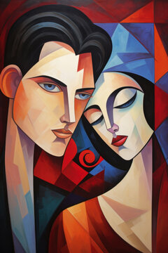 Woman and man couple in an abstract cubist or cubism style painting