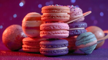 Colorful macarons arranged like planets in space.