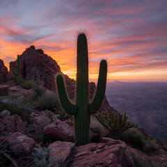 A single cactus is observed on a Rocky Hilltop at sunset.