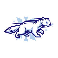 Obraz premium A white weasel runs quickly with motion lines and a blue accent.