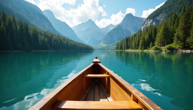 Wooden canoe glides across serene turquoise mountain lake. Surrounded by rich green evergreen forest, majestic peaks under bright blue sky with scattered clouds. Perfect for vacation travel, nature - Powered by Adobe