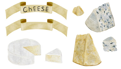 Cheese setwatercolor illustration. Hand drawn different kind of cheese, brie, dor blue, parmesan. Food clip art. Ideal for recipe book, signs and advertising posters of cheese shop